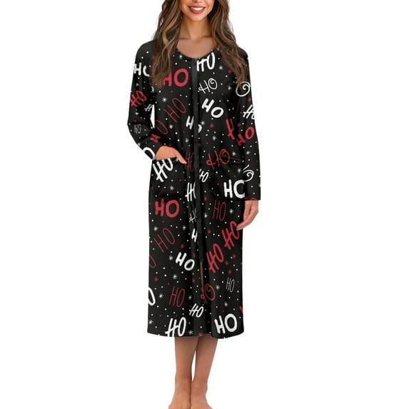 Yuyamidu HO-HO-HO Long Bathrobe for Women Christmas Long Sleeve Robe with Zipper Front Sleepwear Black Crewneck Spa Robes Size 2XL Comfy Mid-Length House Coats
