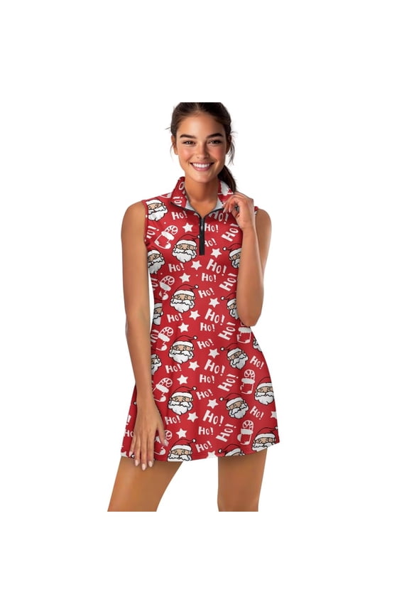 HO-HO-HO Tennis Dresses for Women with Shorts 2 Piece Santa Claus Womens Athletic Dress Sleeveless Christmas Golf Dresses Stretchy Slim Summer Dress Size M