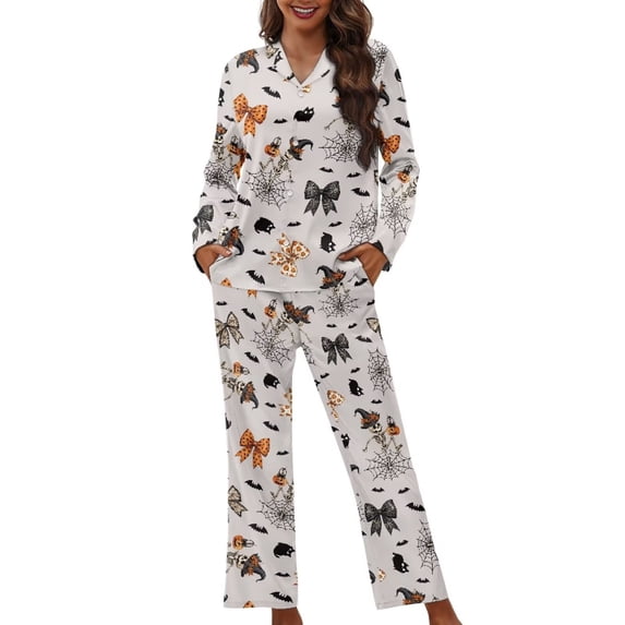 Yuyamidu Halloween Button Down Sleepwear for Women Relaxed Home Pajama Set of 2 Cobweb Bow Athletic Jogger Clothing Casual Dialy Life Wear Size XS