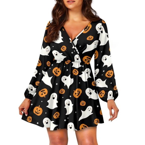 Yuyamidu Halloween Dresses for Women Pumpkin V-Neck Elastic Waist Dress Casual Long Sleeve A-line Dress Size L Ghost Flowy Swing Dresses Soft Fall Homecoming Dresses