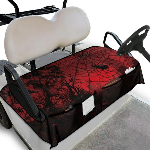 Yuyamidu Halloween Golf Cart Seat Covers, Red Cobweb Golf Cart Cushion Covers with 4 Front Pockets Spider Club Car Seat Towel Blanket Cushion Covers