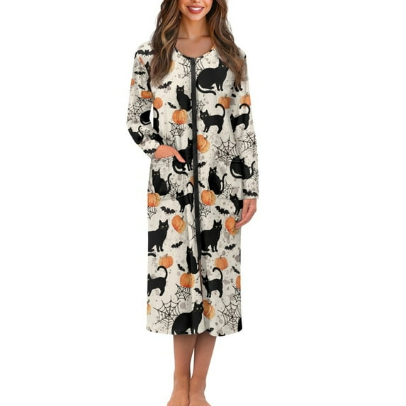Yuyamidu Halloween Long Robes for Women Mid-Length with Zipper Robe Black Cat Crew Neck Sleepwear Gowns Size 2XL Pumpkin Long Sleeve Bathrobes Fall Winter Sleep Nightgown