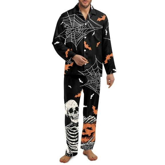 Yuyamidu Halloween Mens Pajama Pants Set Skull Button Down Long Sleeve Lounge Set Size 3XL 2 Pieces Cobweb Notch Collar Pj Casual Daily Wear Clothes Athletic Clothing