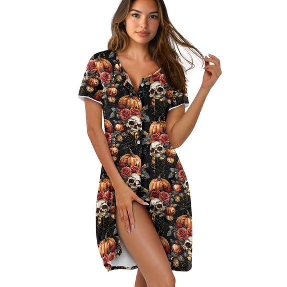 Yuyamidu Halloween Womens Nightgown Button Down Sleepshirt Short Sleeve Sleepwear Round Neck Pajama Dress Skull Rose Pumpkin
