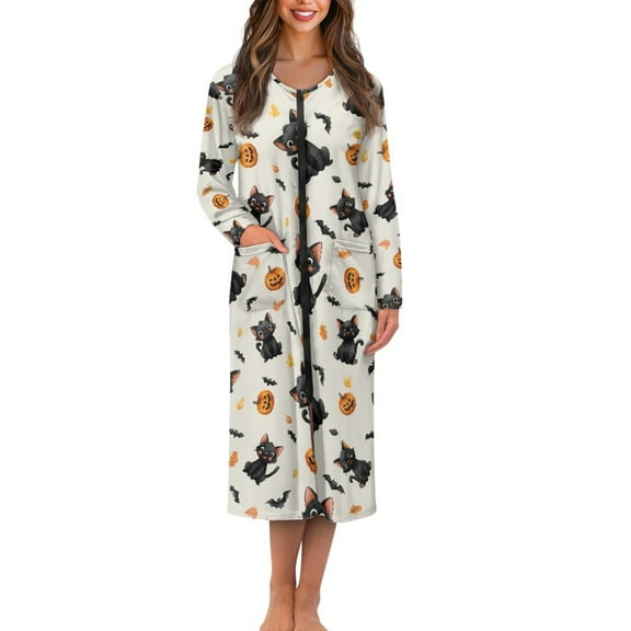 Yuyamidu Halloween Womens Robes Long Nightgown Lightweight Zipper Front Bathrobe for Women Blakc Cat Long Sleeves Robe Sleepwear Size 3XL Pumpkin Dressing Gown with Pockets
