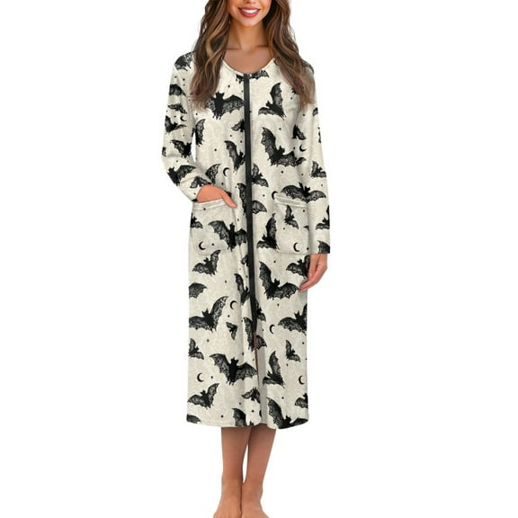 Yuyamidu Halloween Zipper Front Robes for Women with Pockets Bat Bathrobe Soft Long Sleeve Robe Size 4XL Lightweight House Coat Loose Mid-Calf Length Nightgown