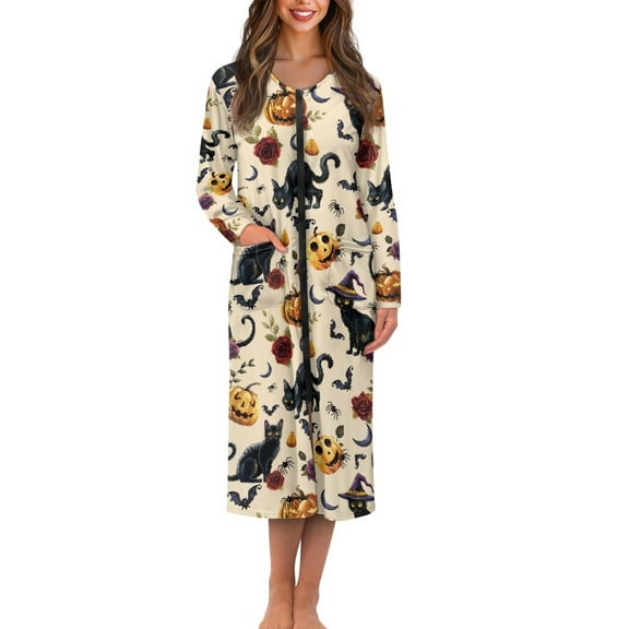 Yuyamidu Halloween Zipper Up Robes Pumpkin Long Sleeve Robe for Women Comfy Mid-Calf Length Bathrobe Black Cat Nightgown Sleepwear Bat Crewneck Loungewear Size 3XL