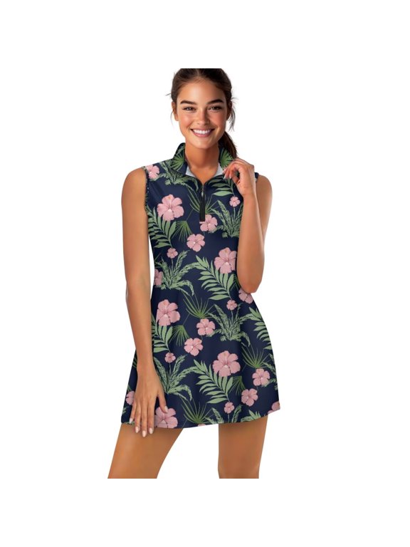 Hawaiian Flower Tennis Golf Dress with Shorts Hibiscus Golf Athletic Workout Exercise Dresses with Pockets Athletic Dresses Zipper Collared Tennis Dress Size XL