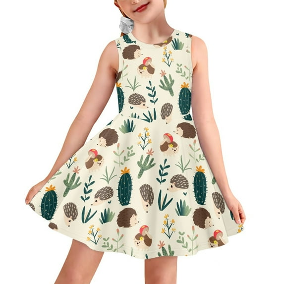 Yuyamidu Hedgehog Cactus Tank Top A Line Dress Skin Friendly Kids Flowy Swing Dresses Size 7-8T Casual Knee Length Midi Dresses Girls Casual A-Line Dress