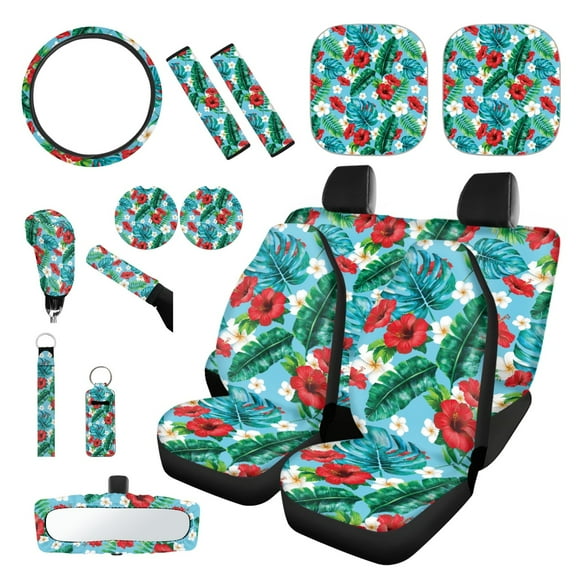 Yuyamidu Hibiscus Car Seat Cover Full Set of 16 Piece Steering Wheel Cover Palm Leaves Seat Belt Covers Sunshade Handbrake Gear Shift Knob Cover Rear View Mirror Cover Coasters Key Chain