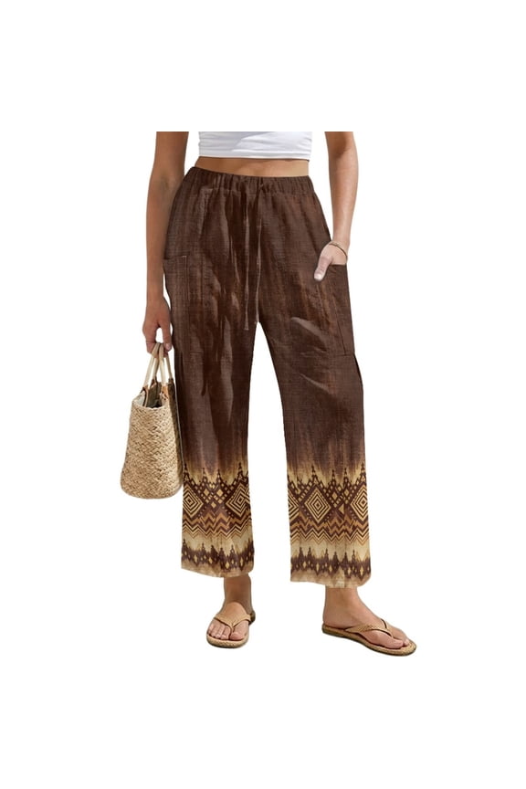 High Waisted Linen Pants for Women Size M Breathable Wide Leg Slacks Pants with 2 Pockets Drawstring Palazzo Trousers Western Tribal Outfits, Brown Aztec Tie Dye
