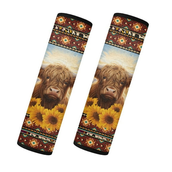 Yuyamidu Highland Cow Auto Seat Belt Cover Sunflower Car Seatbelt Cushion Universal Fit for SUV Sedan Truck Aztec Western Car Seatbelt Protector Accessories, 2 Pack