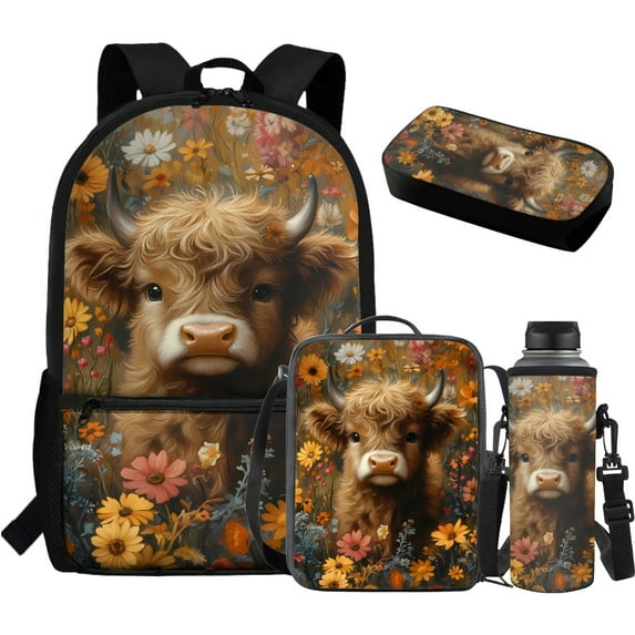 Yuyamidu Highland Cow Backpack with Lunch Bag for Girls Preschool Book Bag Set of 4 Kids Bookbag and Lunch Box Pencil Bag Water Bottle Bag Colorful Flower School Bag with Lunch Tote Bag