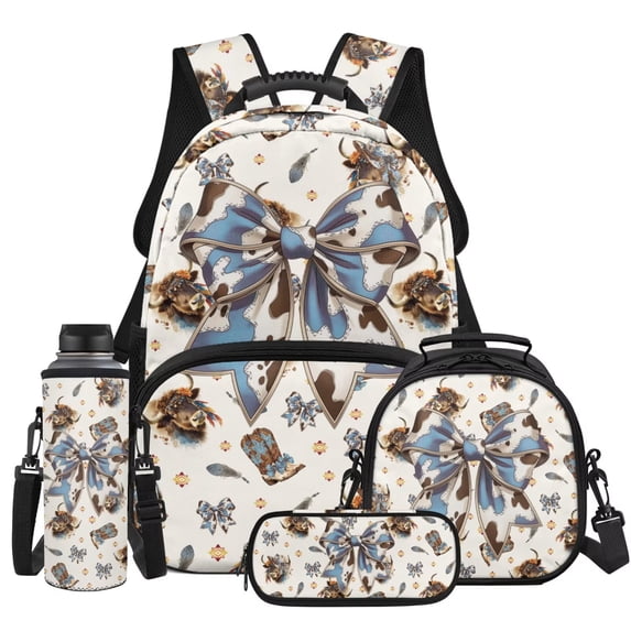 Yuyamidu Highland Cow Backpack for School Girls with Lunch Box 4Pcs Bow School Bag Set and Lunch Bag Pencil Case Water Bottle Holder Elementary Middle Bookbag Kids Child Daypack Rucksack