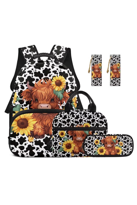 Highland Cow Boys Backpack with Lunch Bag 10-12 Years Old Elementary School Bookbag 3rd Grade with Lunch Box Pencil Case Bookmarks Kids Schoolbag Set of 5 Soccer Tote Food Pouch Pencil Case
