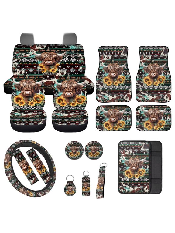 Highland Cow Car Accessories Sets with Car Seat Cover Aztec Tribal Floor Mats Auto Steering Wheel Cover Car Armrest Cover Seat Belt Pads Cup Coasters Keychains Lipstick Holder 17 PCS