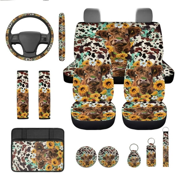 Yuyamidu Highland Cow Car Front Back Seat Covers and Steering Wheel Cover Cow Print Seat Belt Pad Sunflowers Armrest Cover Key Ring Coasters, Set of 13