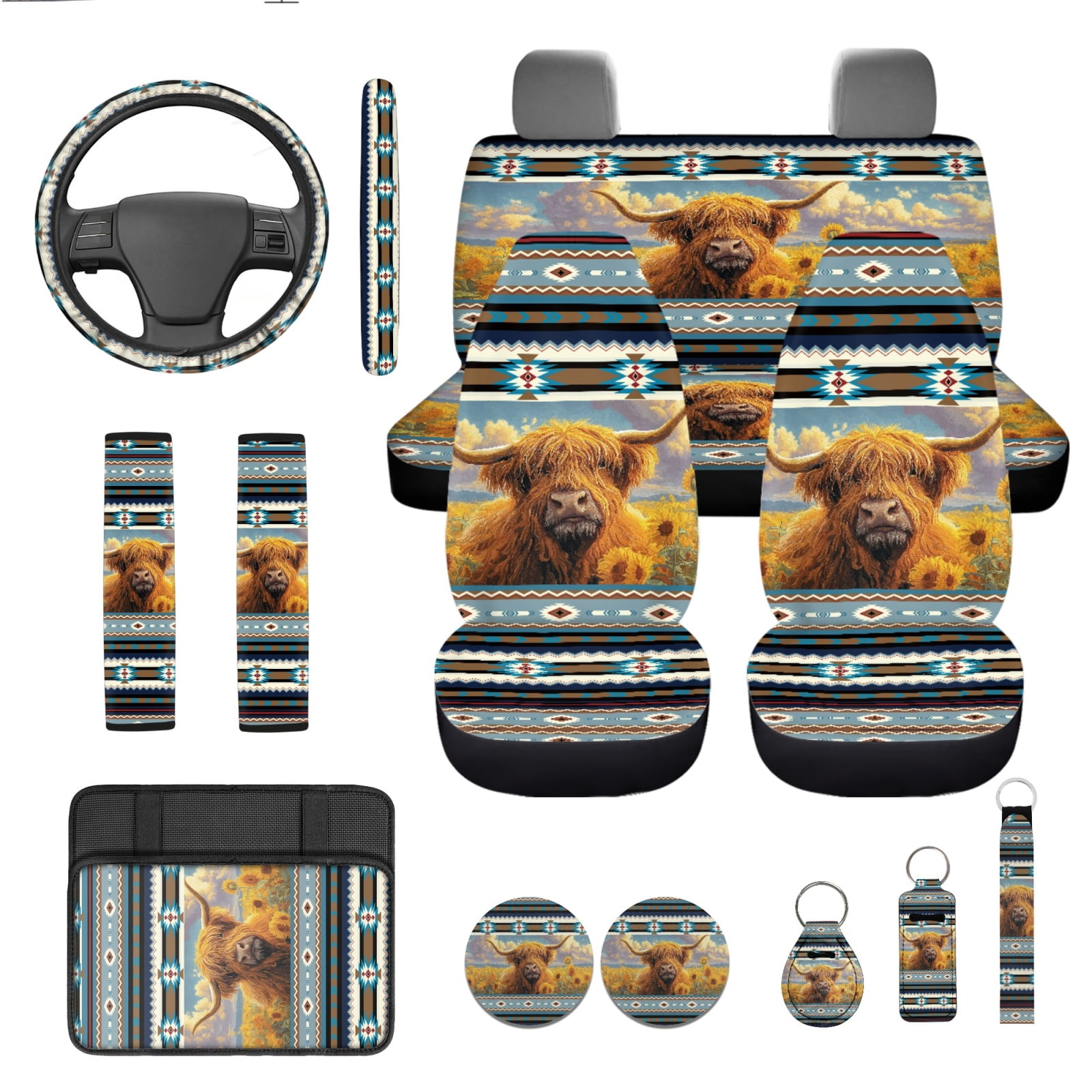 Yuyamidu Highland Cow Car Seat Cover of 13 Western Aztec Steering Wheel Cover Seatbelt Pads Auto Armrest Cover Keychain Coasters Car Accessories, Universal Fit
