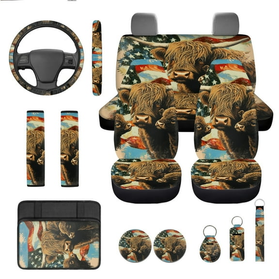 Yuyamidu Highland Cow Car Seat Cover Full Set of 13 American Flag Steering Wheel Cover Seatbelt Pads Auto Armrest Cover Coasters Key Chain for Van SUV Sedan