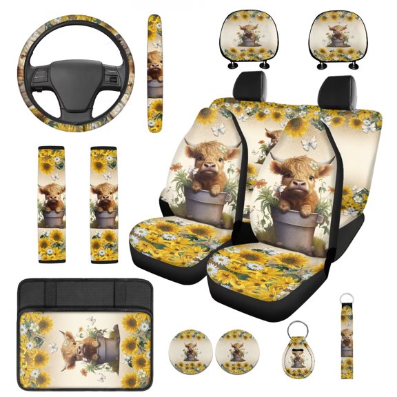 Yuyamidu Highland Cow Car Seat Cover Full Set of 14 Sunflower Steering Wheel Cover Daisy Headrest Covers Seat Belt Strap Pads Cup Coasters Armrest Cover Pad Keychain, Yellow