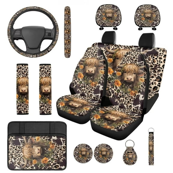 Yuyamidu Highland Cow Car Seat Cover for Sedan SUV Flower Steering Wheel Cover Seatbelt Pads Armrest Cover Auto Headrest Covers Coasters Keychain, 14 Pack