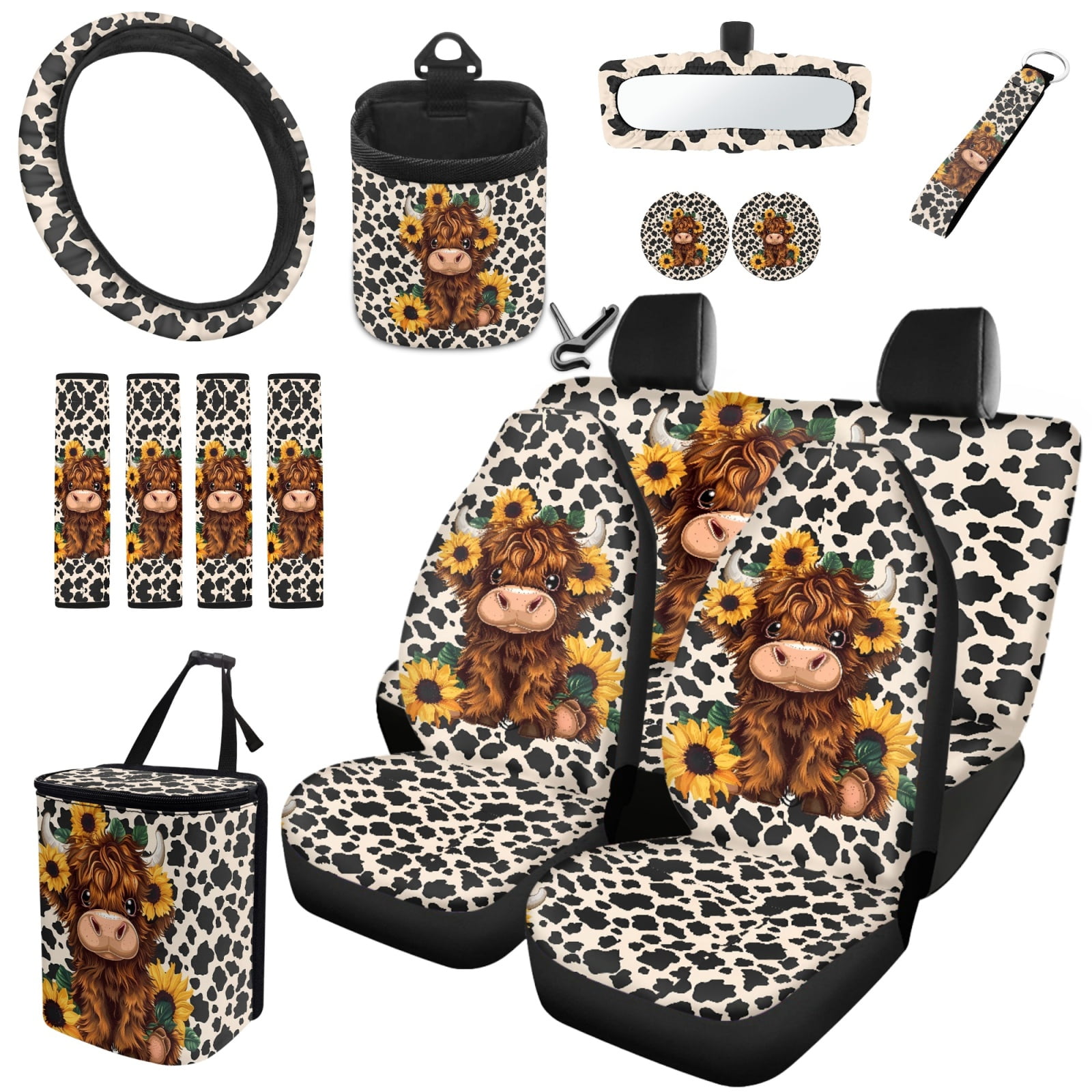 Yuyamidu Highland Cow Car Seat Cover Set of 15 Cow Print Steering Wheel Cover Sunflower Seat Belt Pads Garbage Bag Air Vent Pocket Rearview Mirror Cover Cute Car Coasters Keychain