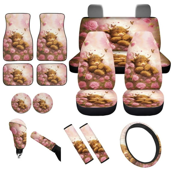 Yuyamidu Highland Cow Car Seat Cover Set of 15 Pink Rose Car Carpet Mats Steering Wheel Cover Seatbelt Shoulder Pad Coaster Automobile Gear Shift Knob Cover Set