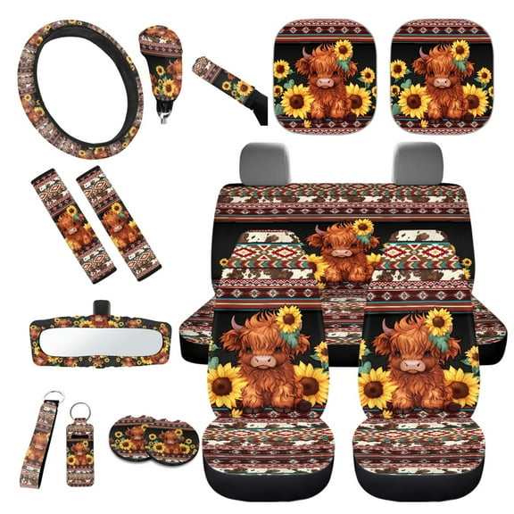 Yuyamidu Highland Cow Car Seat Cover Set of 16 Aztec Steering Wheel Cover Seat Belt Covers Rear View Mirror Cover Handbrake Cover Gear Shift Knob Cover Coasters Key Chain Sunshade Car Windshield