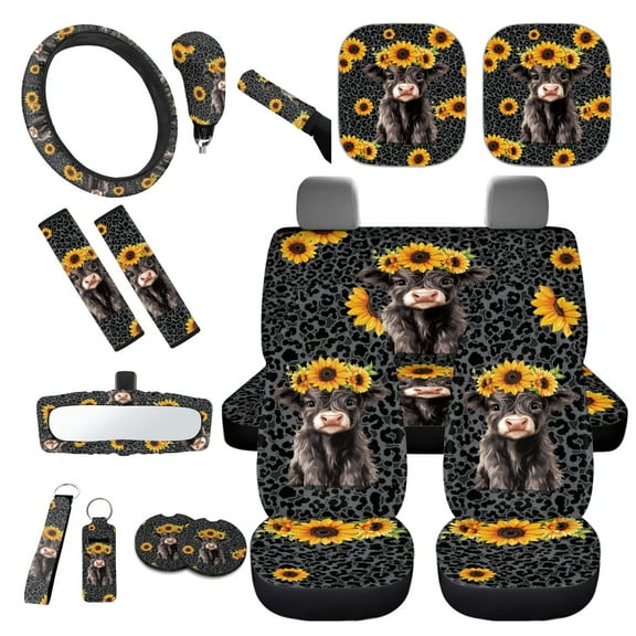 Yuyamidu Highland Cow Car Seat Cover Set Leopard Print Car Shade Steering Wheel Cover Sunflower Seat Belt Covers Rear View Mirror Cover Gear Shift Hand Brake Cover Cup Coasters Key Chain 16 Pack