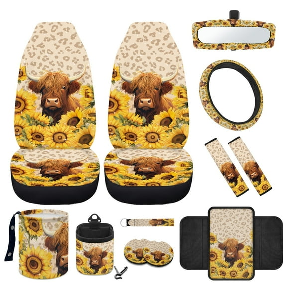 Yuyamidu Highland Cow Car Seat Covers for Front Seats Only Sunflower Steering Wheel Cover Safe Belt Pads Armrest Pad Cup Mat Trash Can Rearview Mirror Cover Keychain Auto Air Vent Holder, 12 Pack