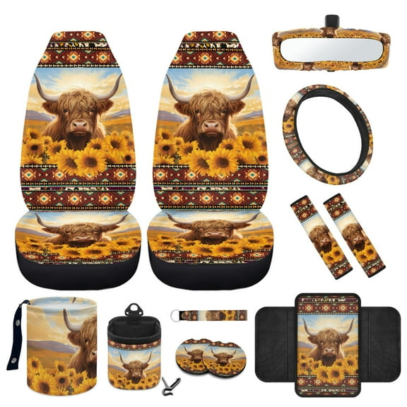 Yuyamidu Highland Cow Car Seat Covers Full Set 12pcs Western Aztec Auto Accessories Steering Wheel Cover Seatbelt Pad Armrest Pad Trash Bag Air Vent Bag Rearview Mirror Cover Cup Coasters Keychain