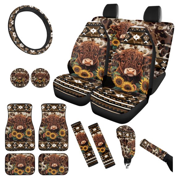 Yuyamidu Highland Cow Car Seat Covers Full Set Brown Aztec Car Carpet Mats Steering Wheel Cover Sunflower Safe Belt Pads Handbrake Cover Set Coasters, Set of 15