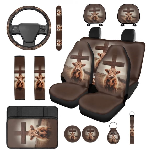 Yuyamidu Highland Cow Car Seat Covers Set of 14 Cross Steering Wheel Cover Seatbelt Pad Trash Can Brown Headrest Covers Car Armrest Cover Coasters Key Chain for SUV Sedan Van