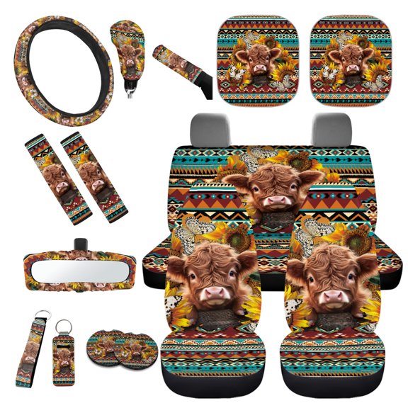 Yuyamidu Highland Cow Car Seat Covers and Steering Wheel Cover Aztec Sun Visor Car Seatbelt Pads Sunflower Cup Coaster Rear View Mirror Cover Handbrake Cover Gear Shift Knob Cover Keychain, 16 Packs
