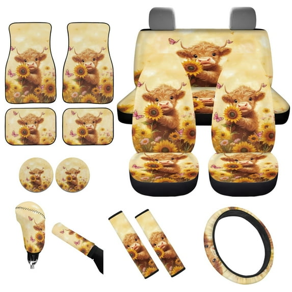 Yuyamidu Highland Cow Car Seat Covers Sunflower Car Floor Mats Seat Belt Cover Steering Wheel Cover Handbrake Cover Gear Shift Cover Cup Coasters 15 Pieces Yellow Car Accessories