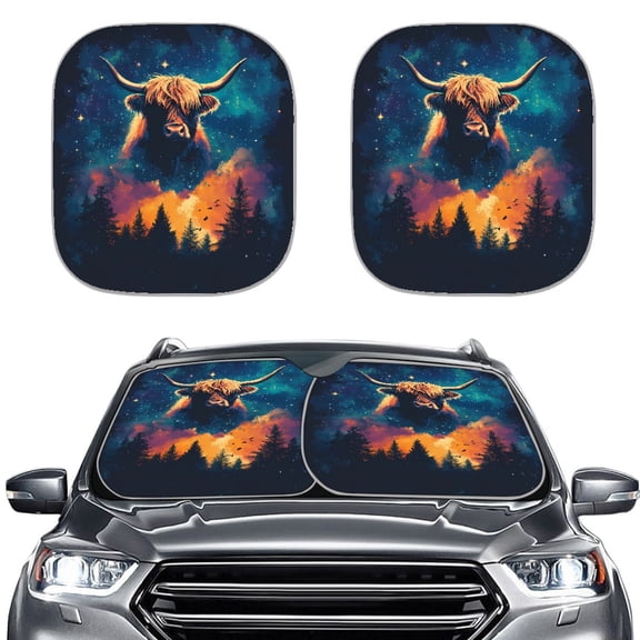Yuyamidu Highland Cow Car Sun Shade Set of 2 Galaxy Windshield Sun Shade for Auto SUV Truck Van Fashion Car Windshield Cover UV Ray Sun Visor Keep Vehicle Cool