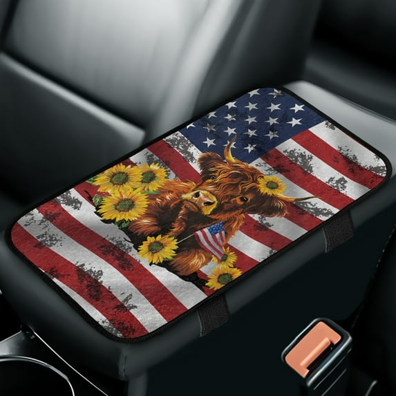 Yuyamidu Highland Cow Center Console Cover for Car Sedan Van American Flag Car Center Console Cushion Pad Sunflower Auto Armrest Cover Accessories 12.01 x 7.28 Inch