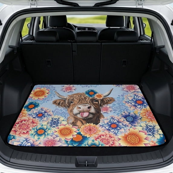 Yuyamidu Highland Cow Floral Car Trunk Mat 29" x 39", Universal Cargo Liner, Scratchproof Full Protection Fits for Most Cars and SUV