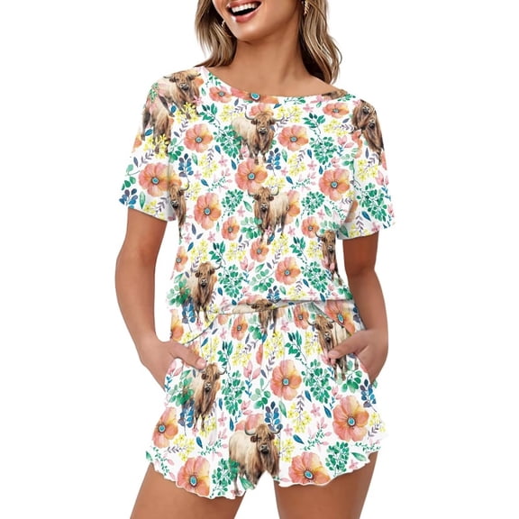 Yuyamidu Highland Cow Floral Womens Pajama Sets Shorts Cute Summer Pjs Soft Short Sleeve Sleepwear with Pockets Lounge Sets