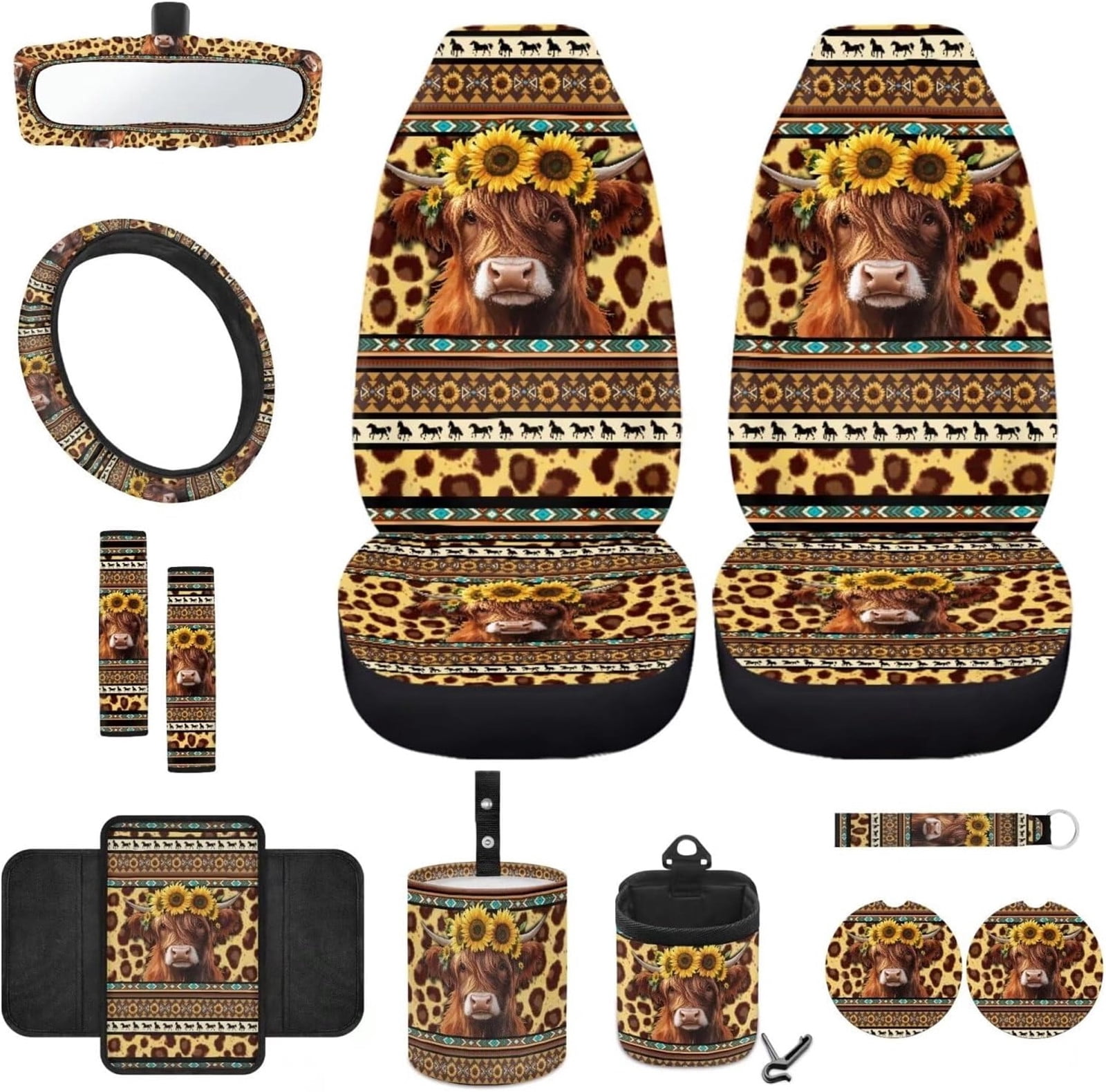 Yuyamidu Highland Cow Front Car Seat Covers Full Set of 12 Aztec Steering Wheel Cover Seat Belt Armrest Cover Trash Can Air Vent Holder Rear View Mirror Cover Coasters Keychain Auto Interior Decor