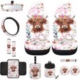 thumbnail image 1 of Yuyamidu Highland Cow Front Car Seat Covers Full Set with Steering Wheel Cover Pink Flower Seat Belt Covers Armrest Pad Trash Bag Air Vent Bag Rear View Mirror Cover Coasters Wrist Key Chain,12 PCS, 1 of 7