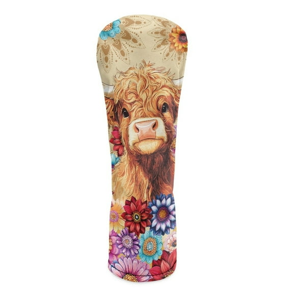 Yuyamidu Highland Cow Golf Club Head Covers Colorful Boho Flowers Driver Headcover Hybrid Headcover Fairway Wood Head Covers PU Leather for Golf Clubs