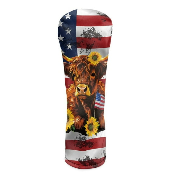 Yuyamidu Highland Cow Golf Head Covers, American Flag Golf Club Head Covers Waterproof Leather Club Protection, Designed to Fit Driver Fairway Wood Hybrid