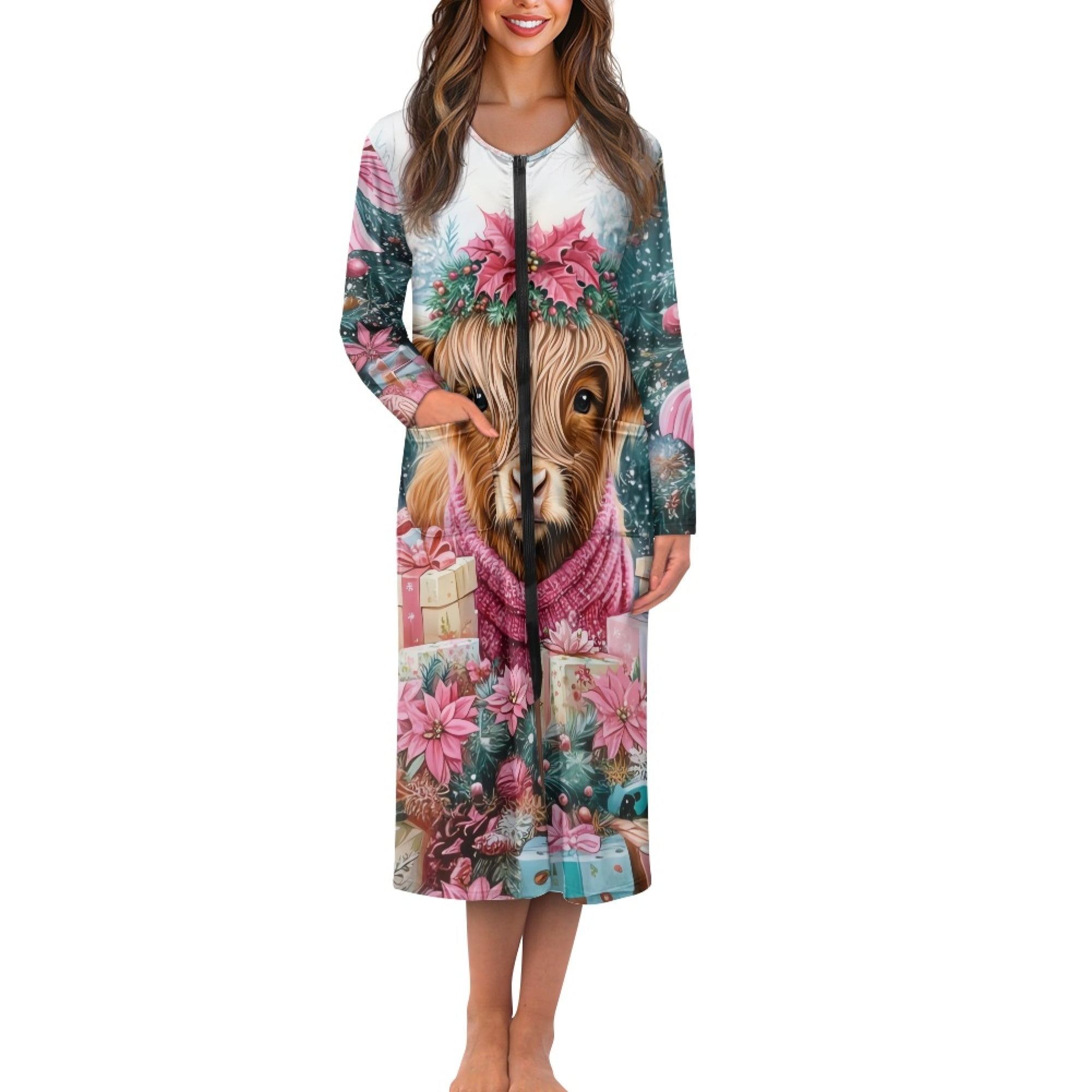 Yuyamidu Highland Cow Long Bath Robe for Women Poinsettia Zipper Front ...