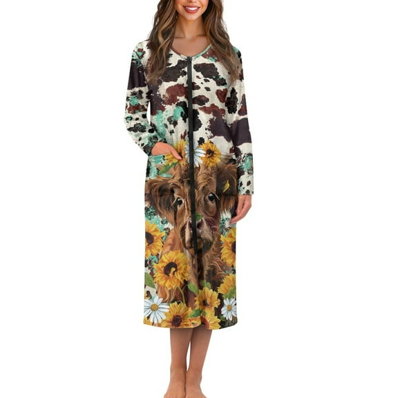 Yuyamidu Highland Cow Long Bathrobe for Women Sunflower Zipper Front Robe Sleepwear Trendy Crewneck Spa Robes Size M Sexy Mid-Length Housecoat Cow Print Long Sleeve Loungewear Dress