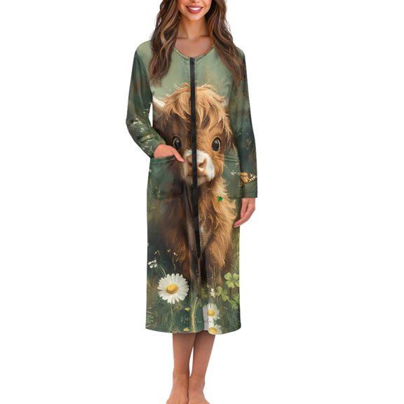 Yuyamidu Highland Cow Long Robes for Women Mid-Length with Zipper Green Leaf Crew Neck Bathrobe St. Patrick's Day Sleep Nightgown Lightweight Long Sleeve Sleepwear Gowns Size 4XL