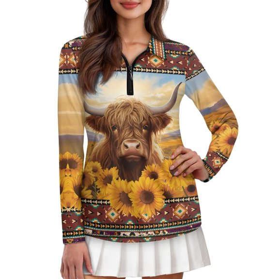 Yuyamidu Highland Cow Long Sleeve Golf Shirts for Woman Aztec Tribal Athletic Tennis Shirts Soft Quarter Zip Workout Shirts Golf Clothes Size XL