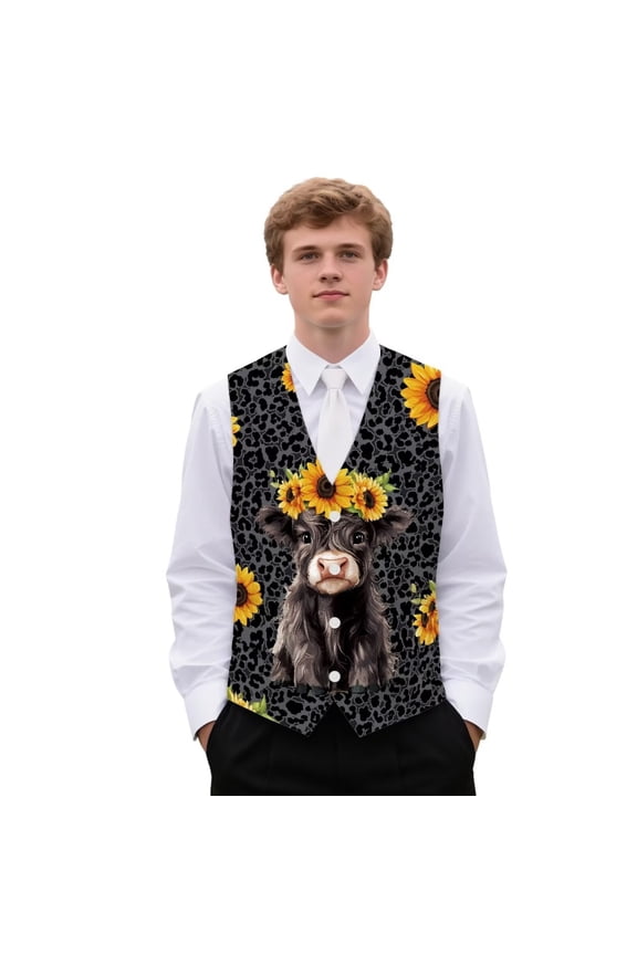 Highland Cow Men's Classic Black Leopard Print Dress Vest Formal Wedding Prom Tuxedo Suit Vest with Pocket Lightweight Waistcoat Size S