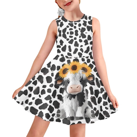 Yuyamidu Highland Cow Sleeveless Sundress Cow Print Knee Length Skater Dresses for Kids Girl 9-10 Years Old Sunflower A Line Midi Sundress Lovely Crewneck Swing Dress