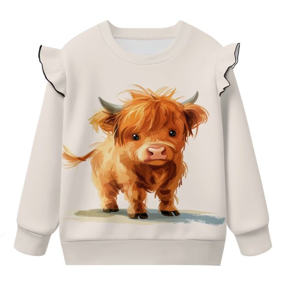 Yuyamidu Highland Cow Sweatshirt Toddler Girl 2T 3T White Crewneck Graphic Sweatshirts Ruffle Shoulder Long Sleeve Top Lightweight Soft Workout Pullover Casual Fall Outfits Everyday Clothes